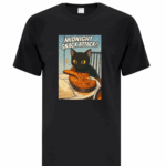 Front view of black t-shirt with a black cat eating salmon on the center chest