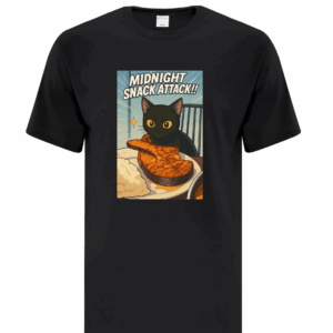 Front view of black t-shirt with a black cat eating salmon on the center chest