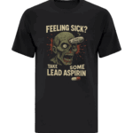 Front view of black t-shirt with a zombie on the center chest